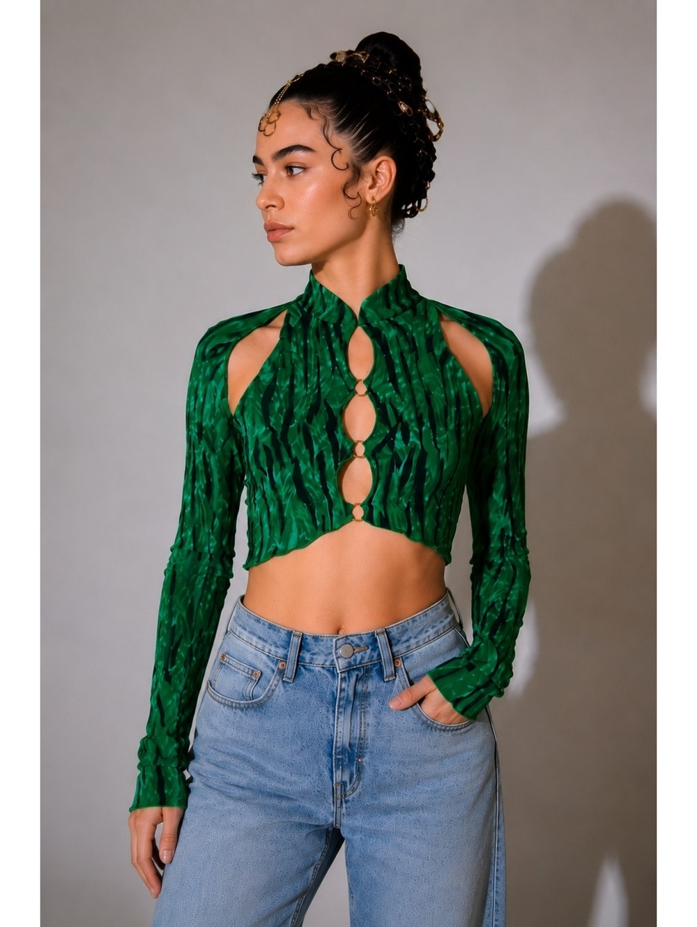 Kim Shul XS Green Tiger Print Cutout Crop Top O-Ring Long Sleeve Y2K
